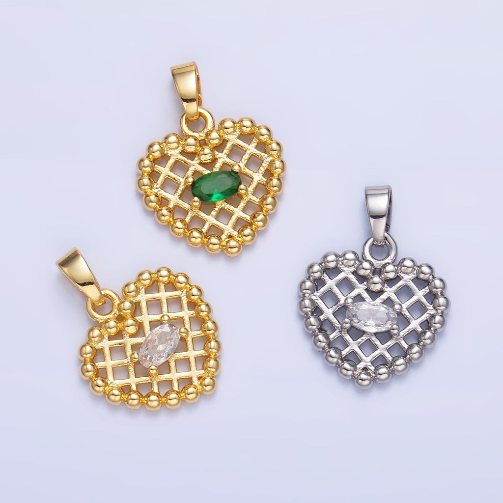 24K Gold plated Clear, Green CZ Beaded Ball Heart Pendant in Gold & Silver | AA1431 AA1432