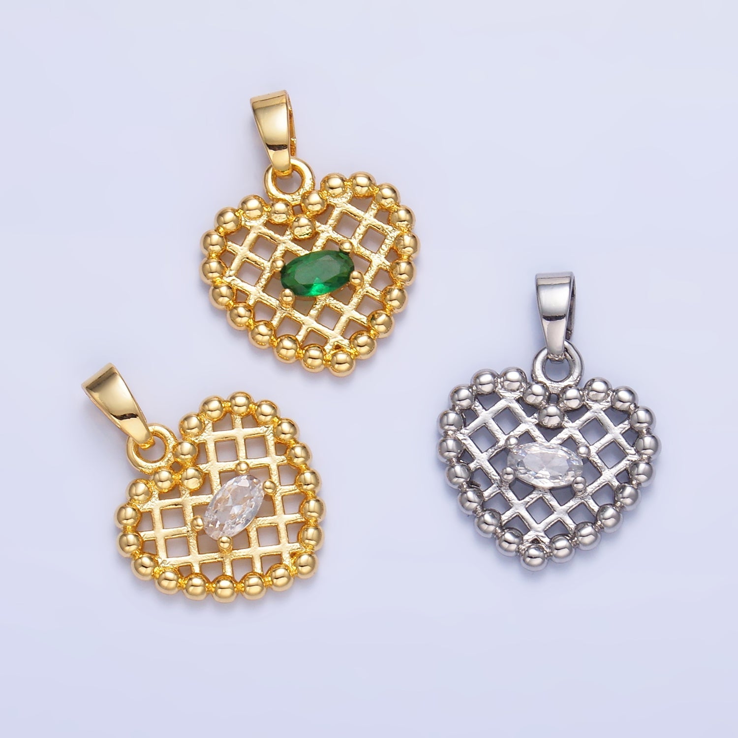 24K Gold plated Clear, Green CZ Beaded Ball Heart Pendant in Gold & Silver | AA1431 AA1432