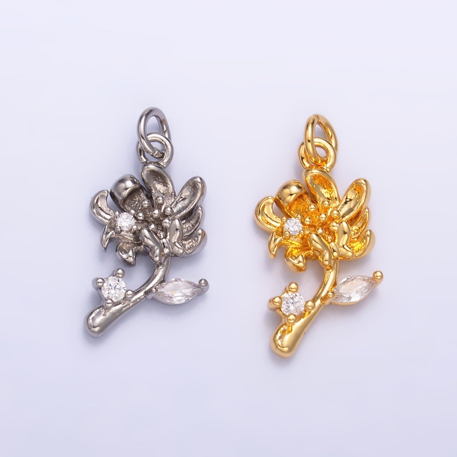 24K Gold plated CZ Flower 3D Multidimensional Charm in Gold & Silver | W793