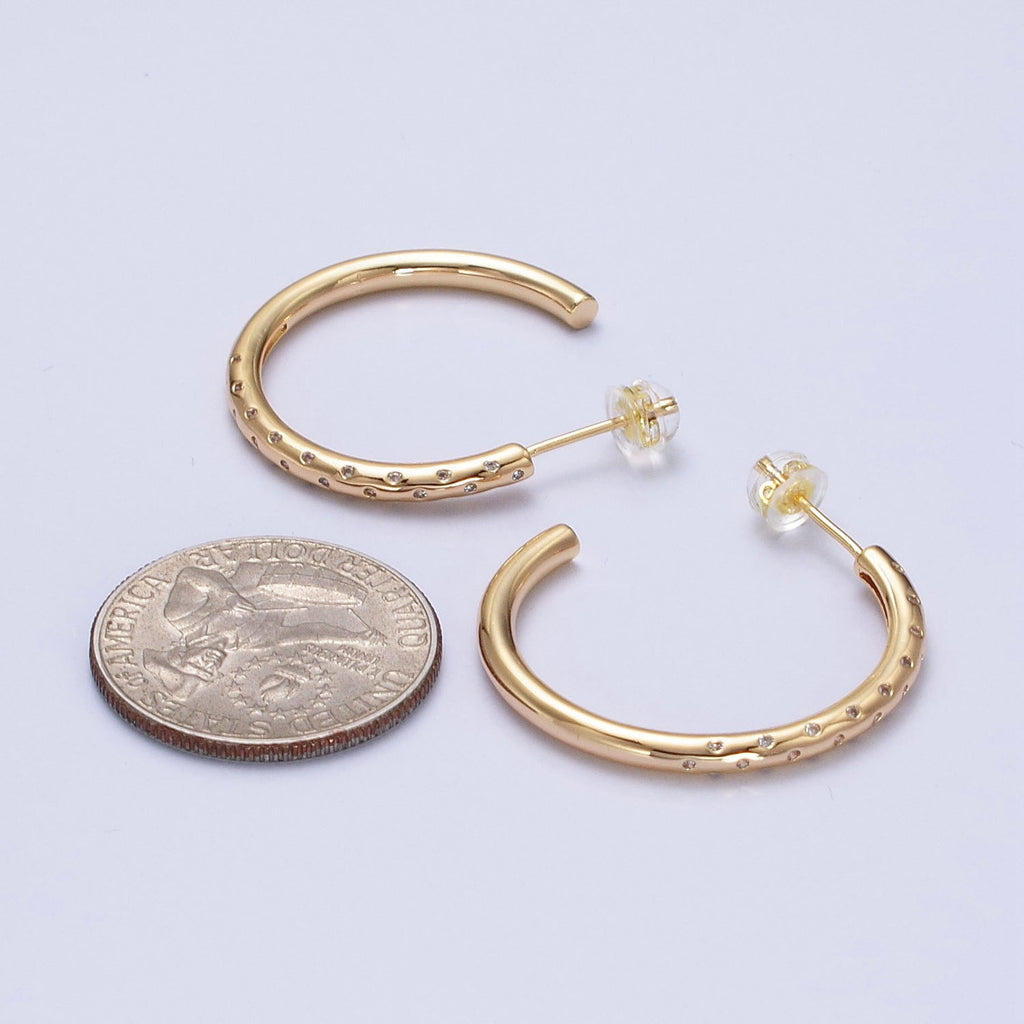 30mm Clear CZ Dotted C-Shaped Hoop Earrings in Gold & Silver | AB749 AB741