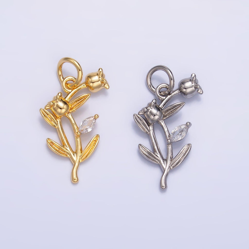 24K Gold plated CZ Larkspur Flower Multidimensional 3D Charm in Gold & Silver | M177