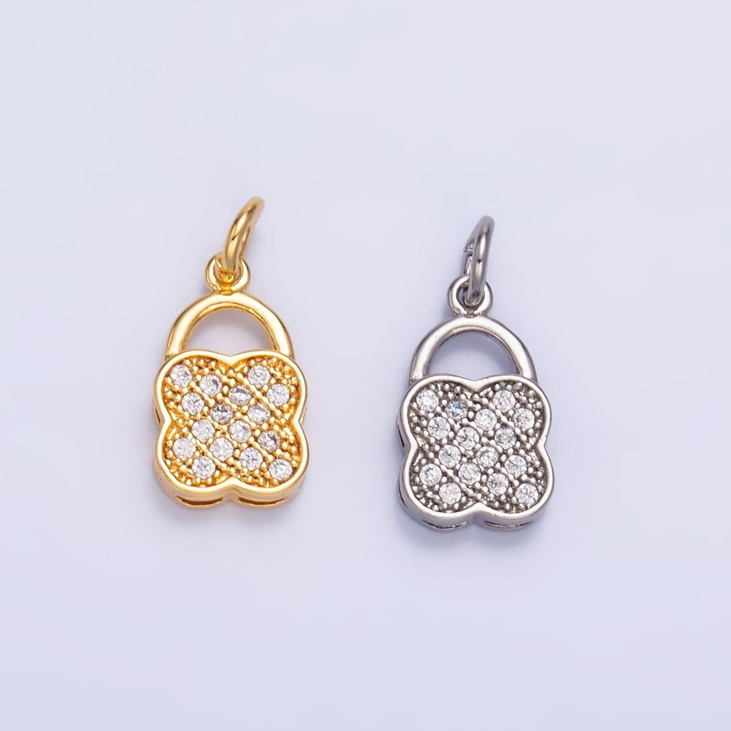 24K Gold plated 11.5mm Micro Paved CZ Quatrefoil Padlock Charm in Gold & Silver | W870