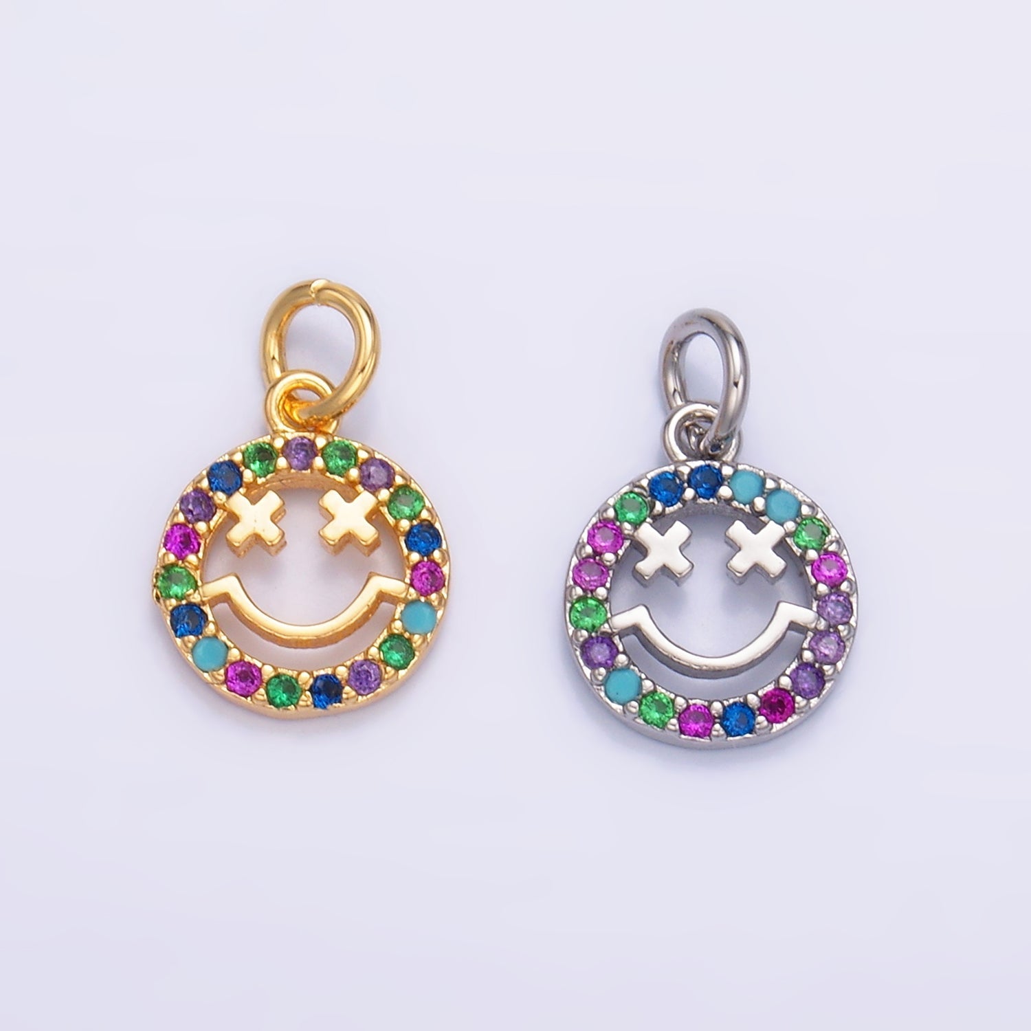 24K Gold plated Multicolor Micro Paved CZ Smiley Face Charm in Gold & Silver | W867
