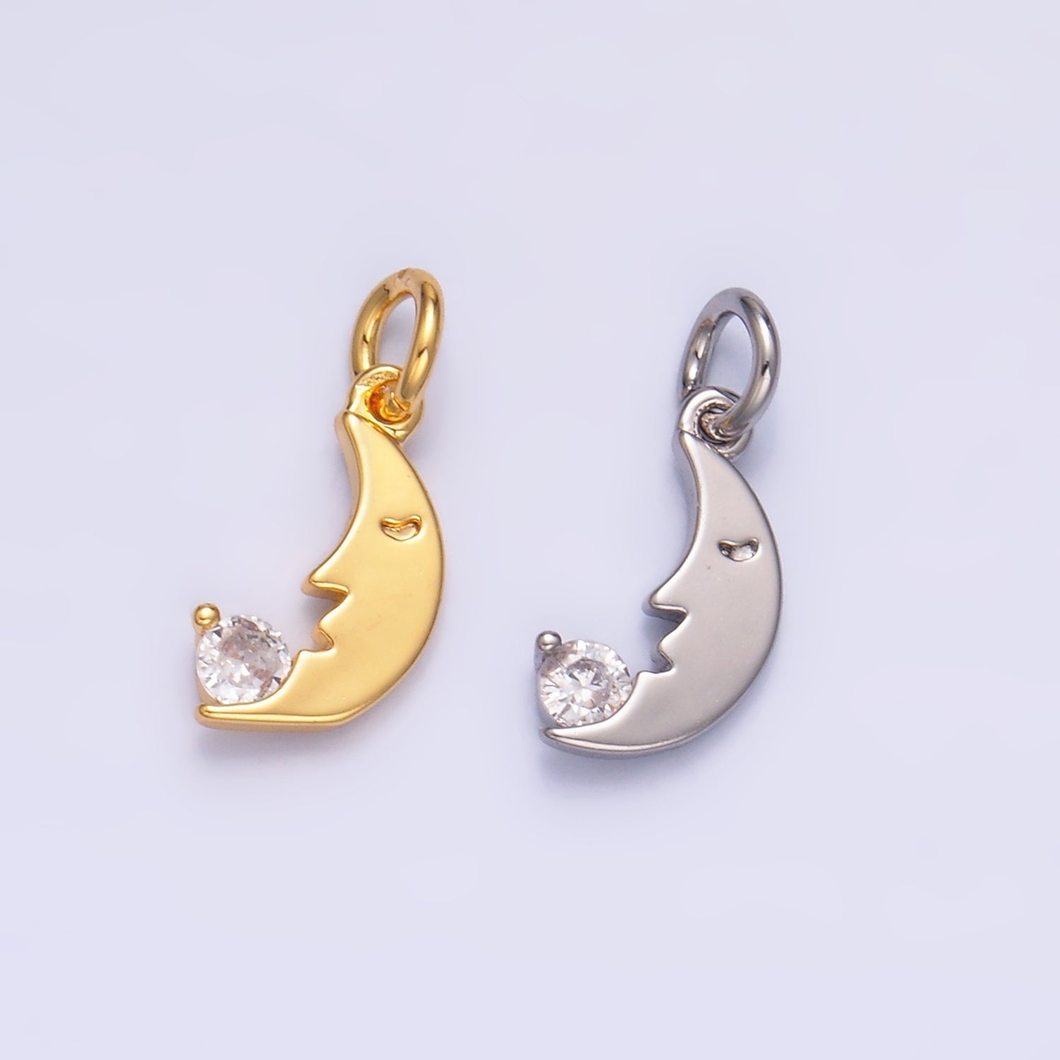 24K Gold plated 11mm CZ Celestial Crescent Moon Face Charm in Gold & Silver | W834