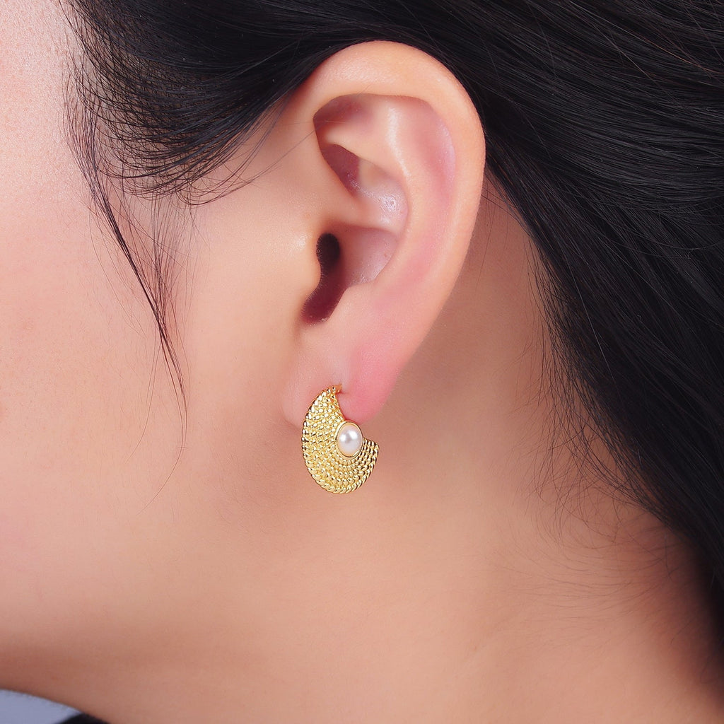 24K Gold plated Shell Pearl Geometric Dotted C-Shaped Hoop Earrings Set | AB1421