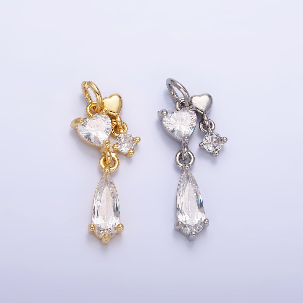24K Gold plated Heart Teardrop CZ Drop Charm in Gold & Silver | W816