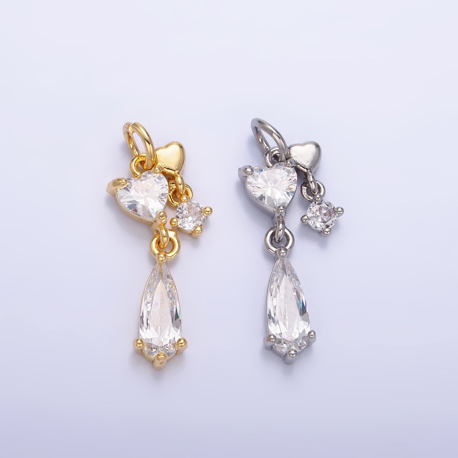 24K Gold plated Heart Teardrop CZ Drop Charm in Gold & Silver | W816