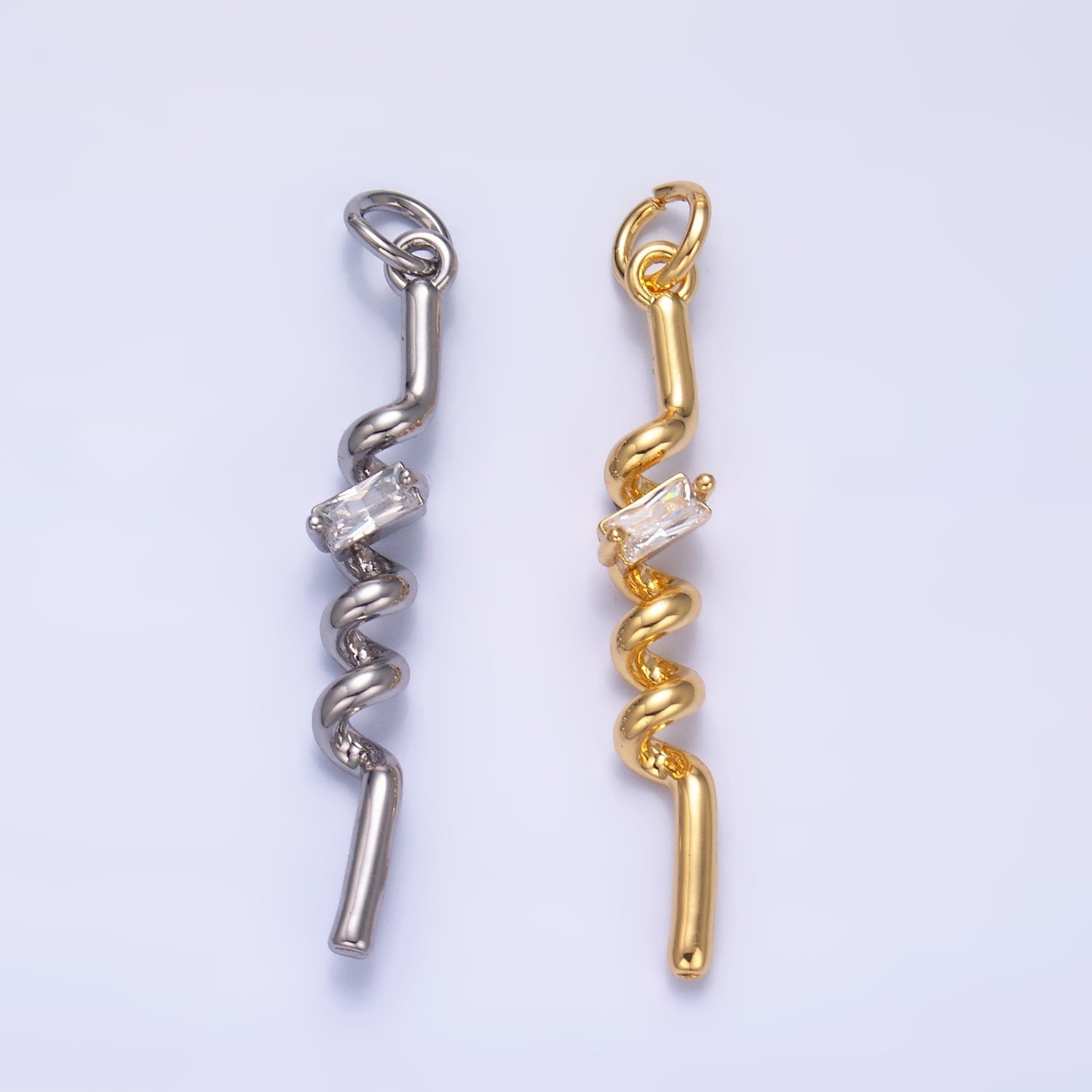24K Gold plated Clear Baguette CZ Twisted Charm in Gold & Silver | W812