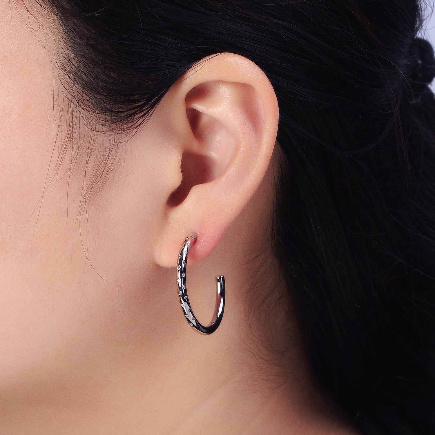 30mm Clear CZ Dotted C-Shaped Hoop Earrings in Gold & Silver | AB749 AB741