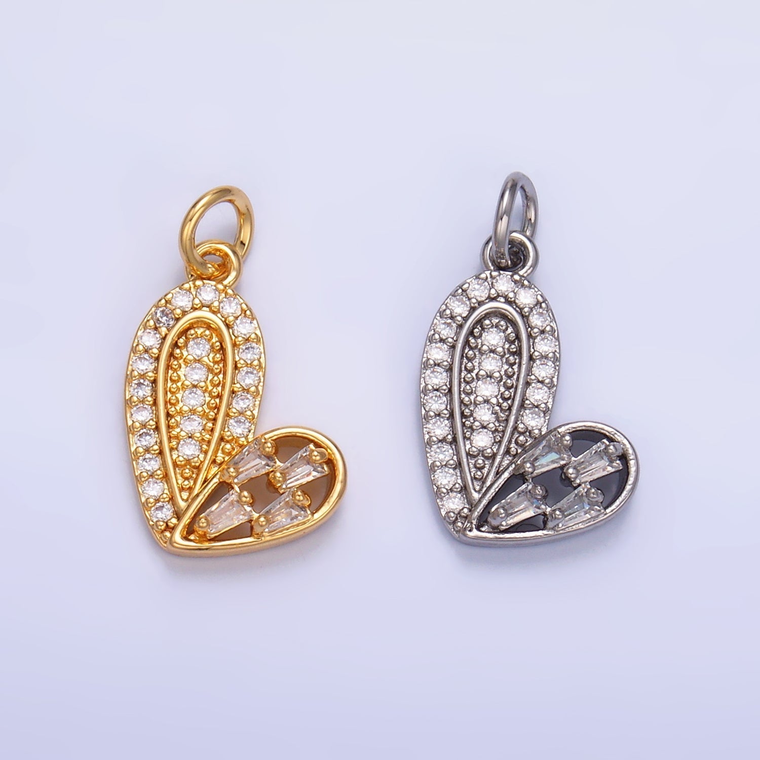 24K Gold plated Baguette Micro Paved CZ Heart Charm in Gold & Silver | W803