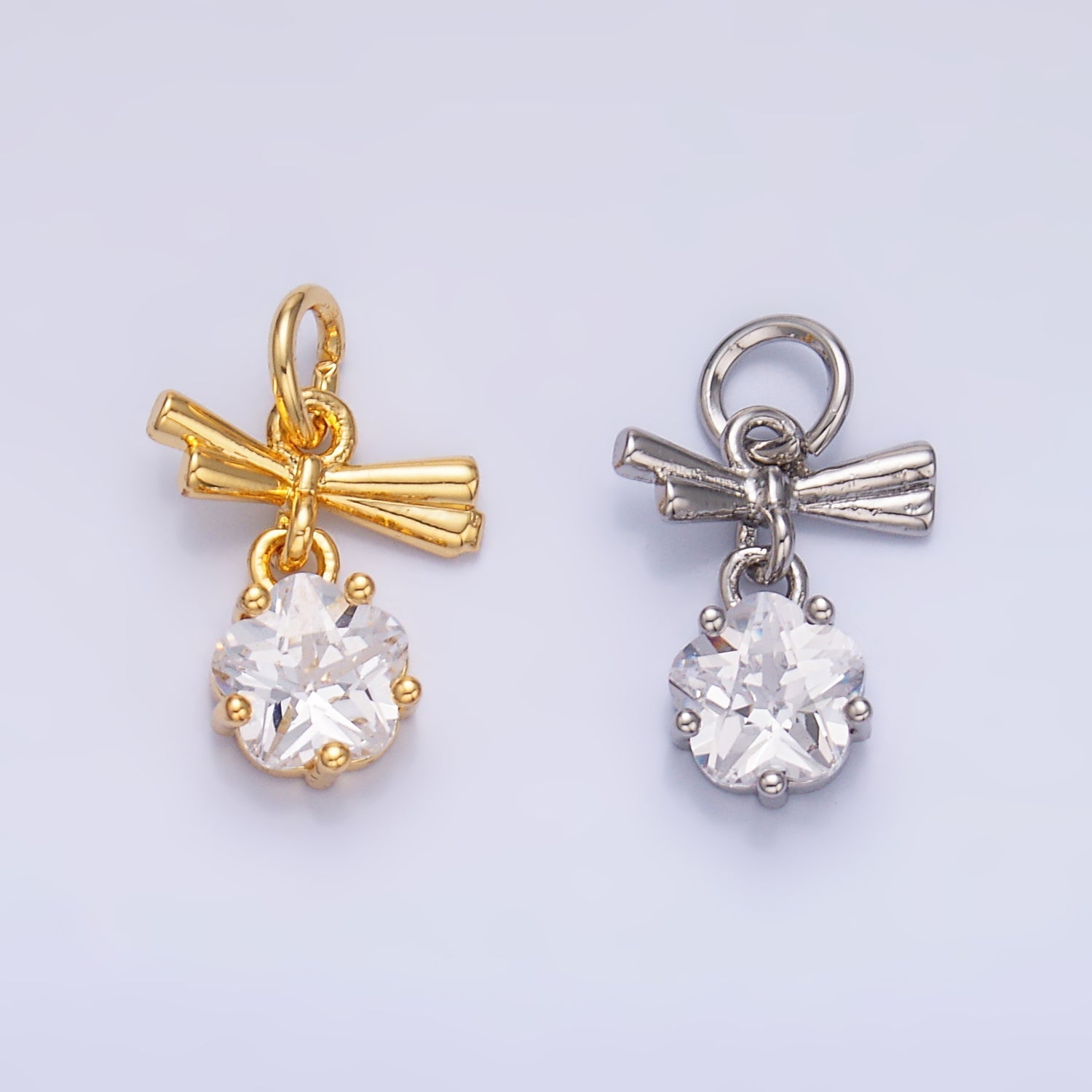 24K Gold plated Clear CZ Ribbon Bow Drop Charm in Gold & Silver | W815