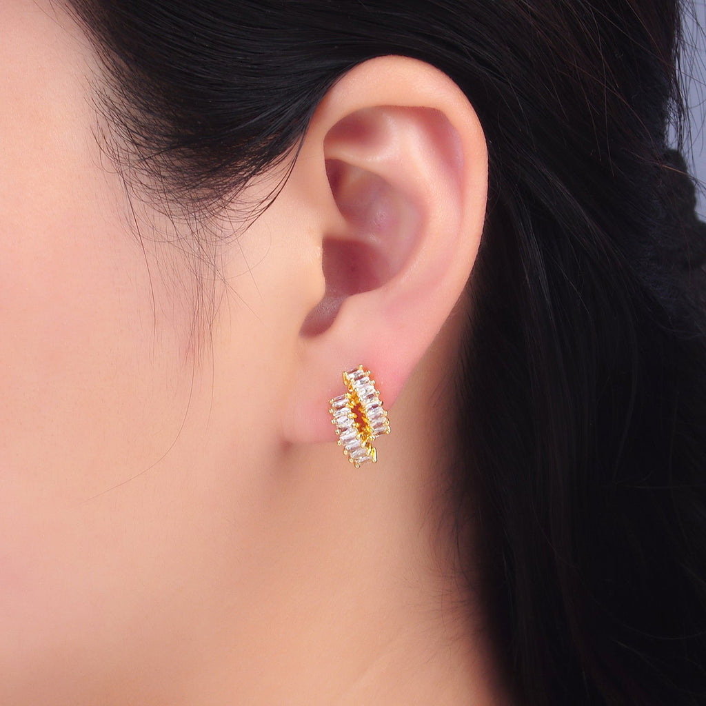 24K Gold plated Double Baguette CZ Linear C-Shaped Hoop Earring | AB1009