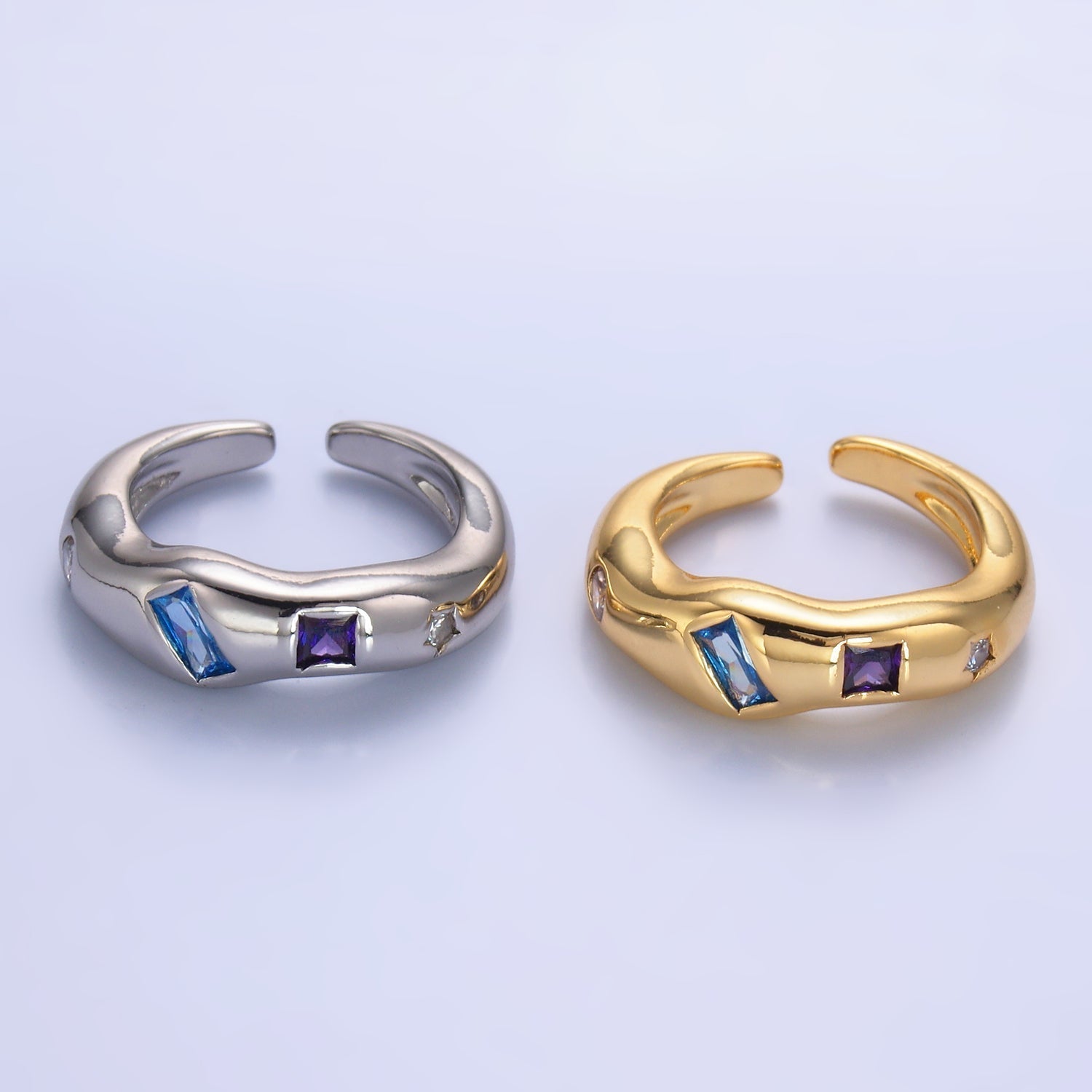 24K Gold plated Multicolor Baguette CZ Geometric Molten Band Ring in Silver & Gold | O756 O761