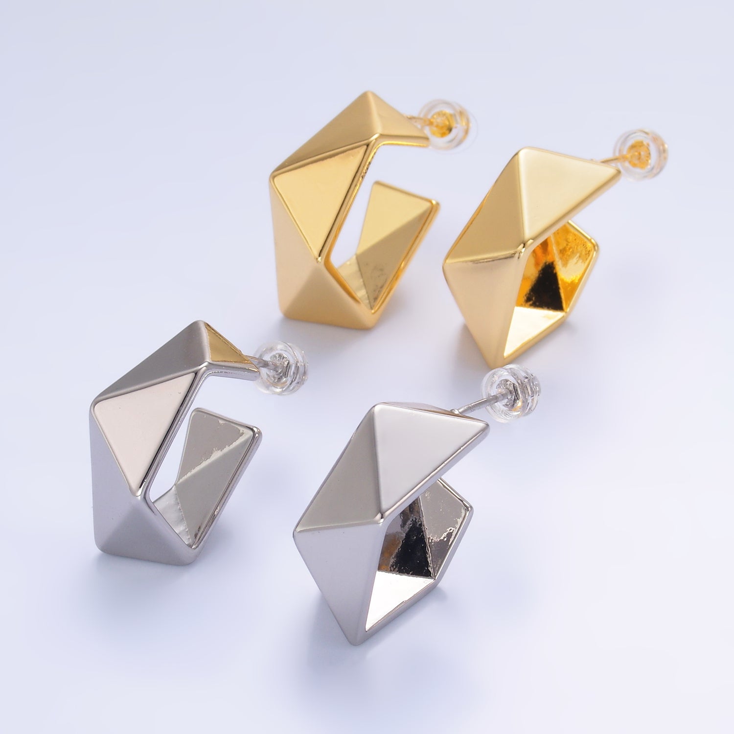24K Gold plated 22mm Geometric Edged C-Shaped Hoop Earrings in Gold & Silver | AB879 AB880