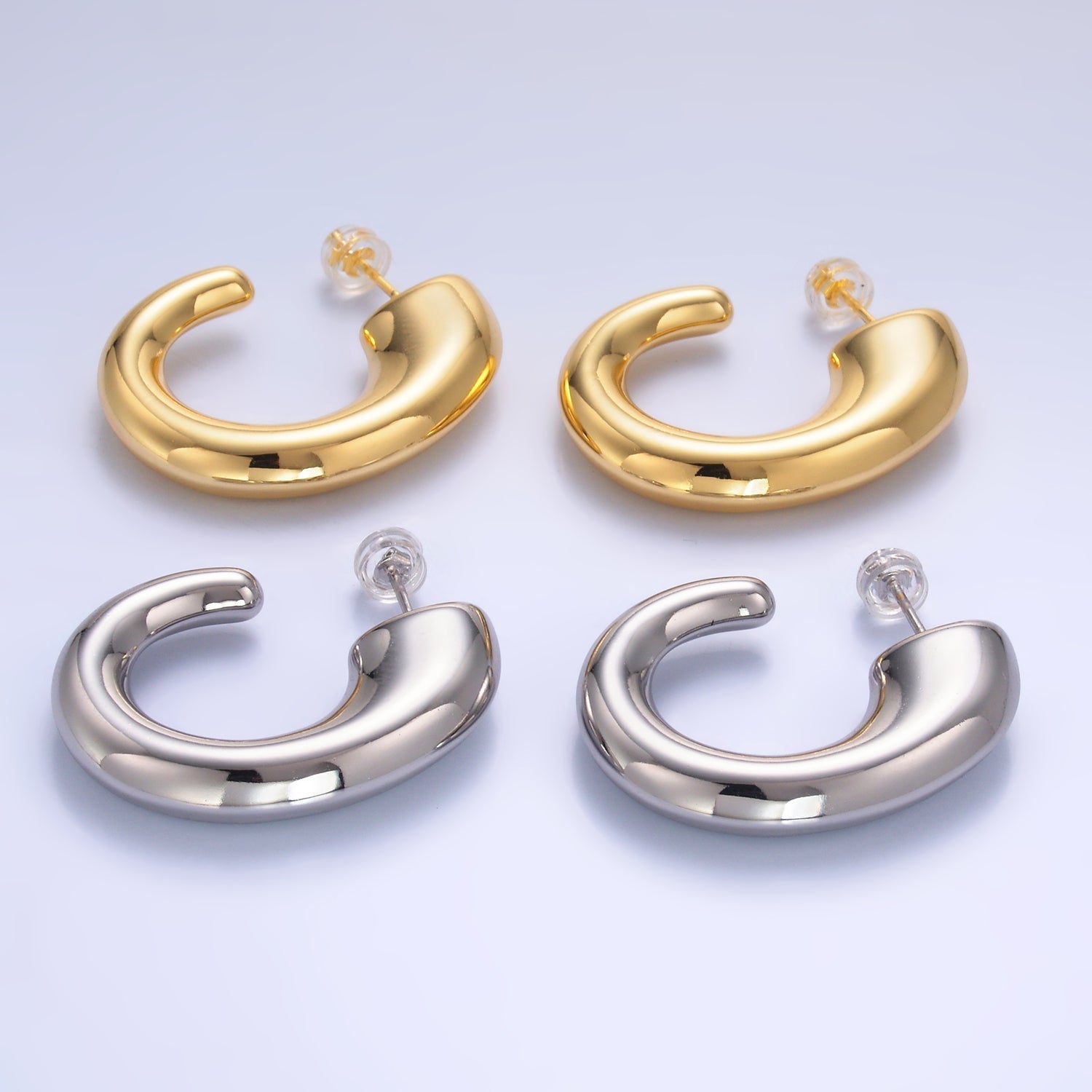 24K Gold plated 35mm Minimalist J-Shaped Hoop Earrings in Gold & Silver | AB861 AB862