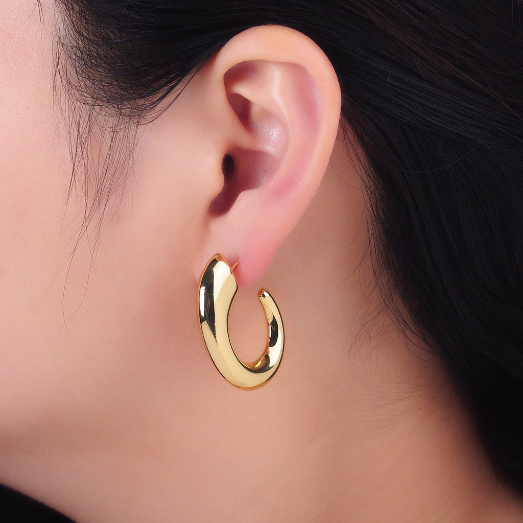 24K Gold plated 35mm Minimalist J-Shaped Hoop Earrings in Gold & Silver | AB861 AB862
