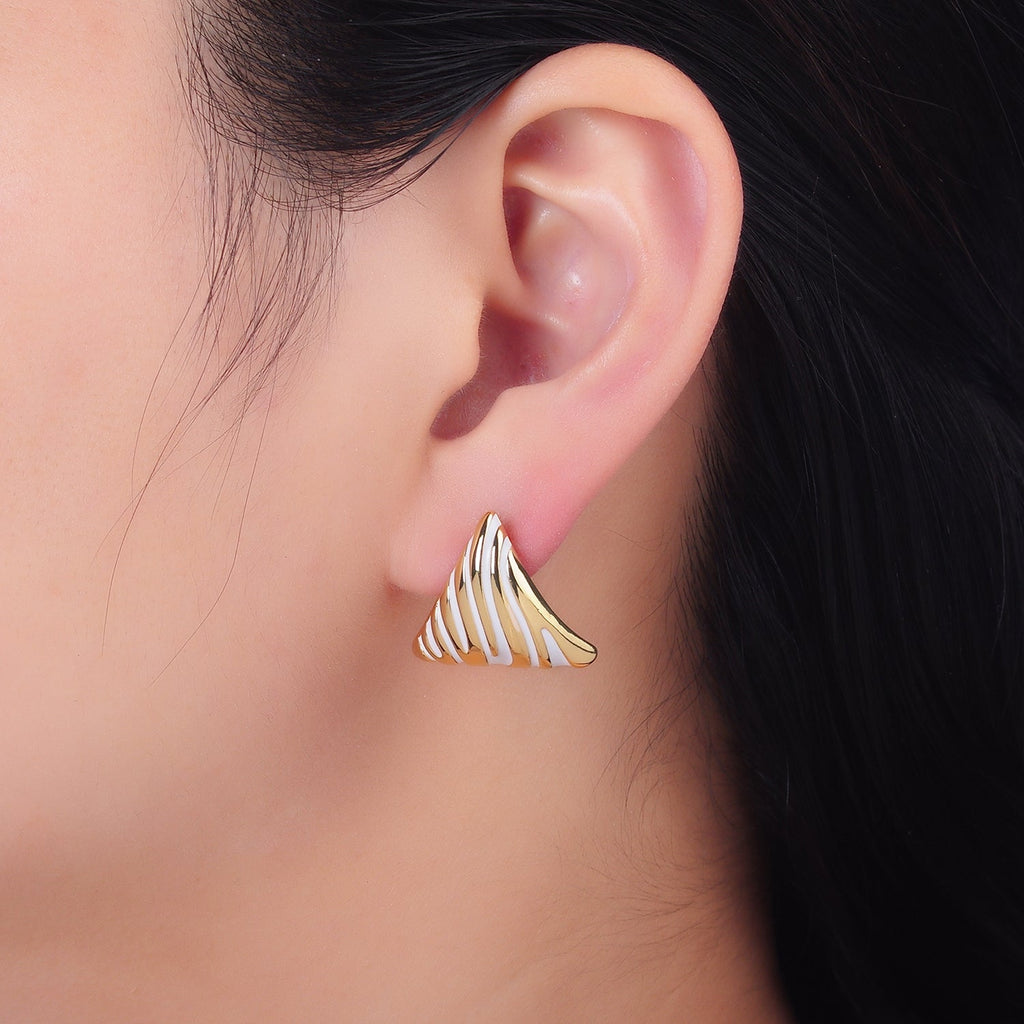 24K Gold plated White Enamel Lined Triangle Stud Earrings | AB925