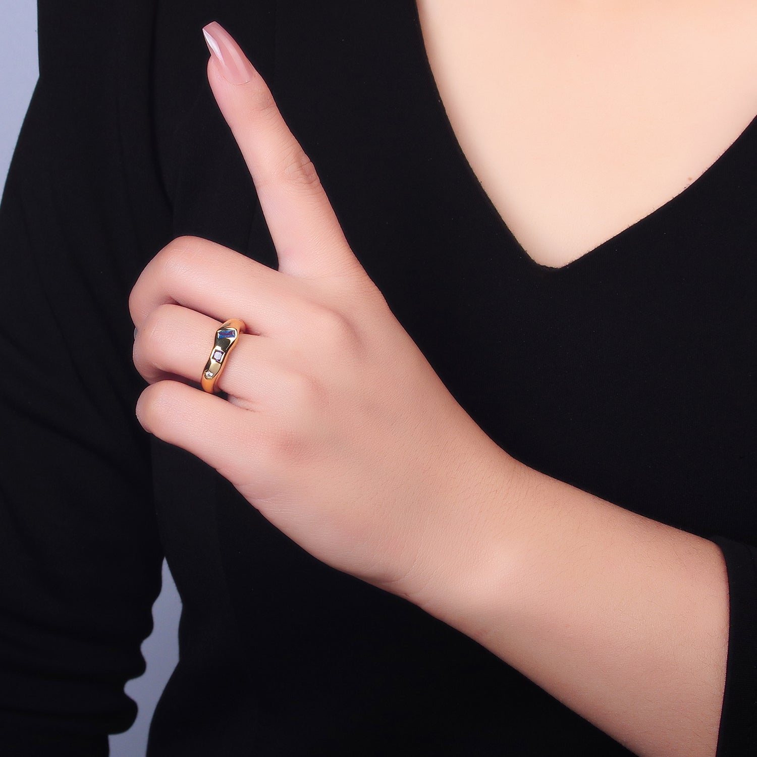 24K Gold plated Multicolor Baguette CZ Geometric Molten Band Ring in Silver & Gold | O756 O761