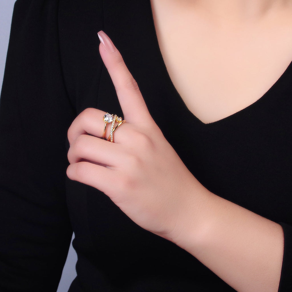 24K Gold plated CZ Clear Micro Paved Geometric Multi-Band Ring | O550