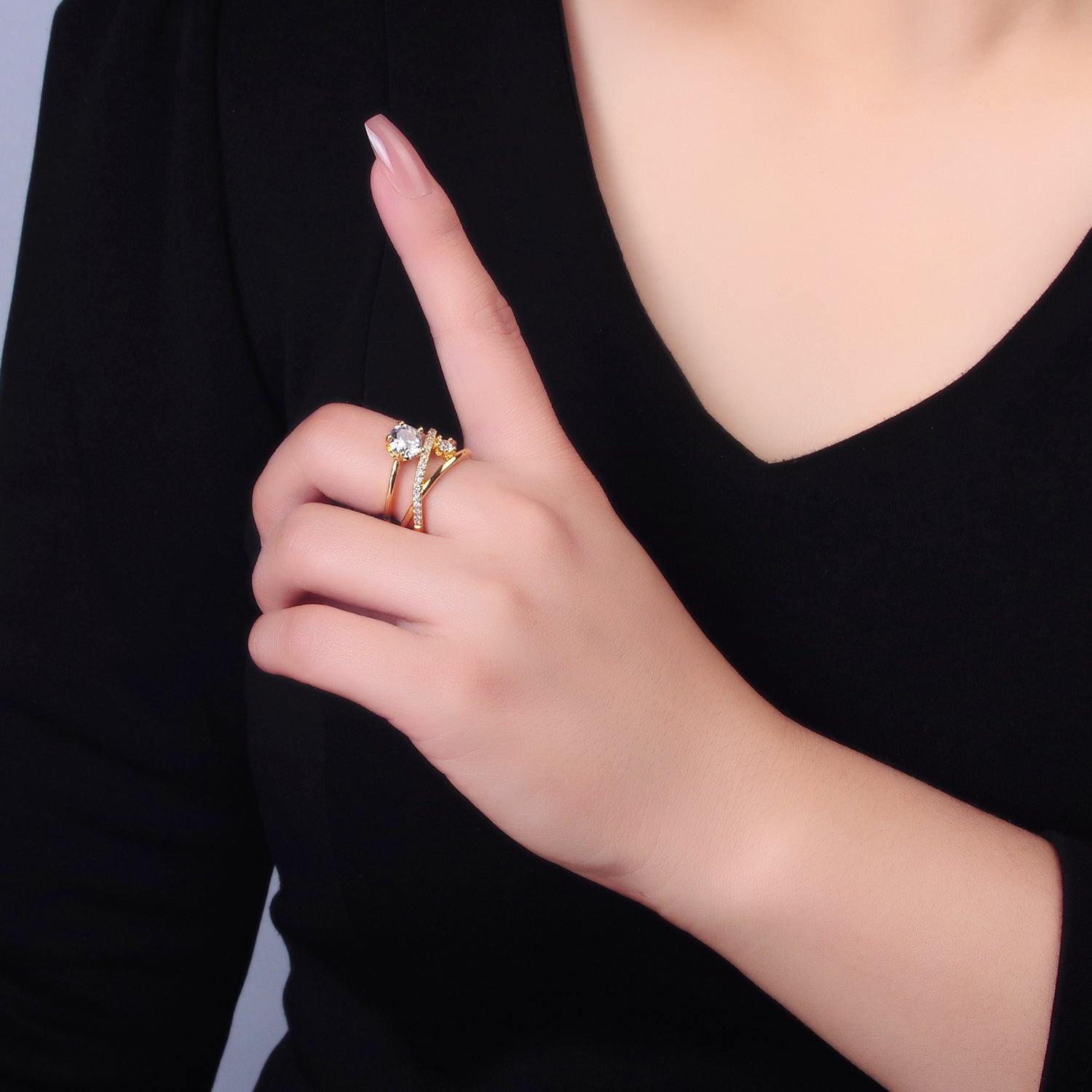 24K Gold plated CZ Clear Micro Paved Geometric Multi-Band Ring | O550
