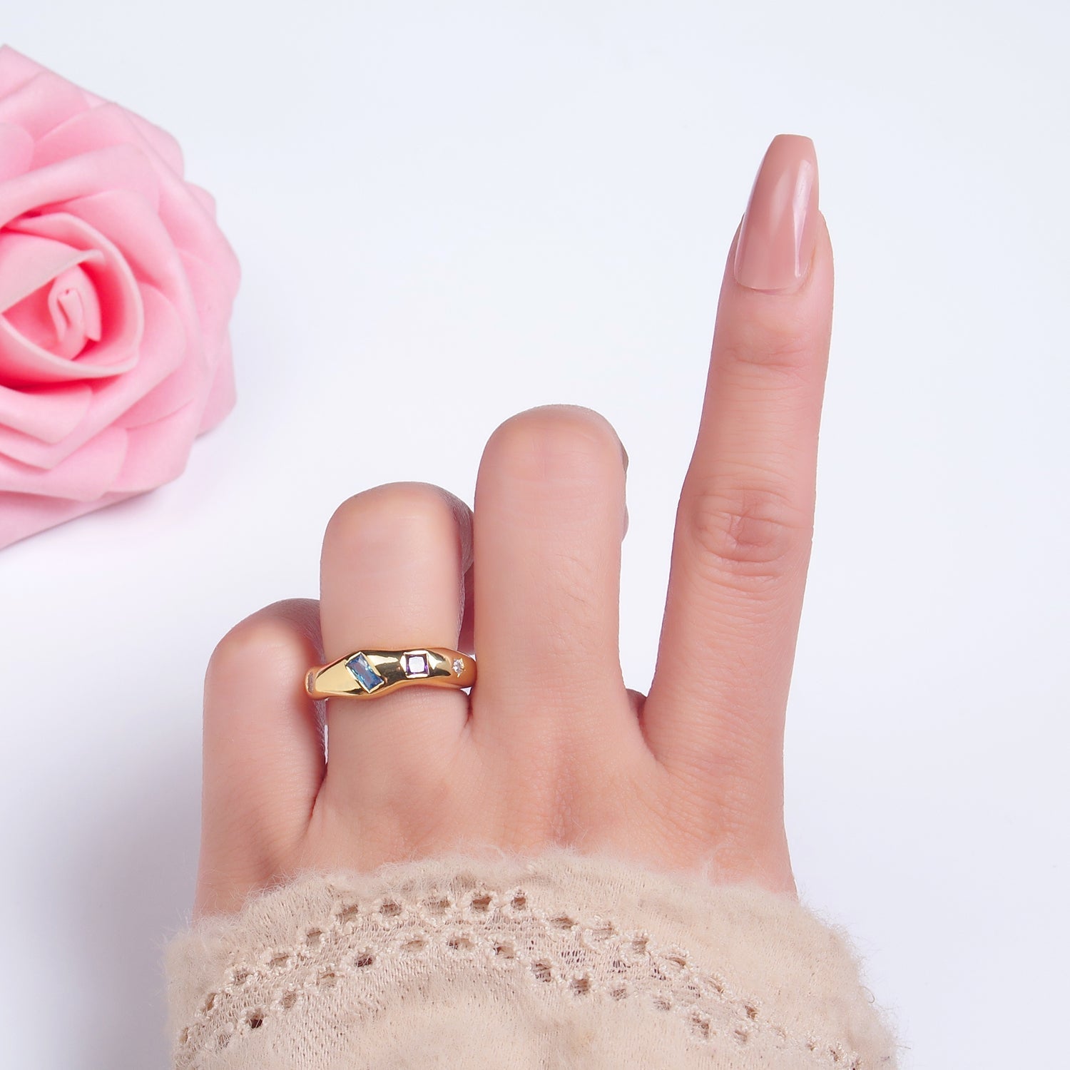 24K Gold plated Multicolor Baguette CZ Geometric Molten Band Ring in Silver & Gold | O756 O761