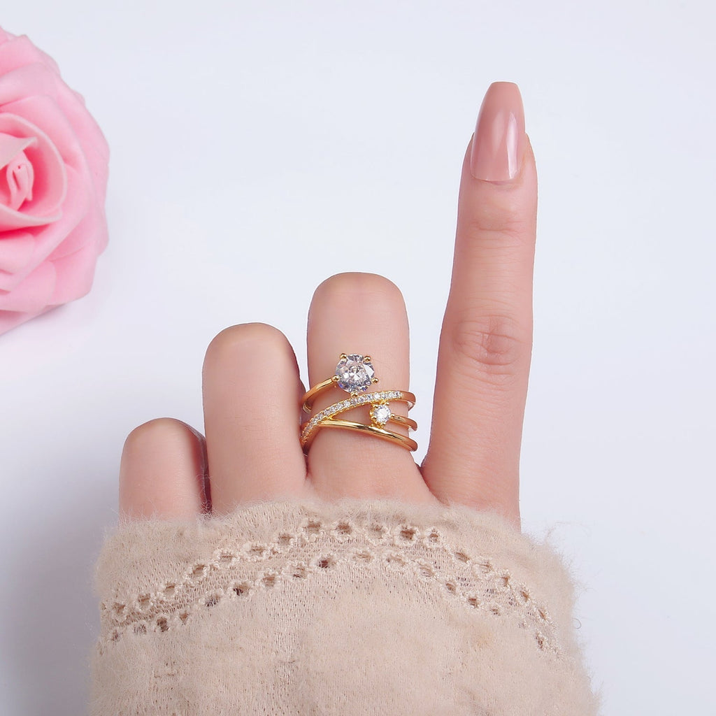 24K Gold plated CZ Clear Micro Paved Geometric Multi-Band Ring | O550