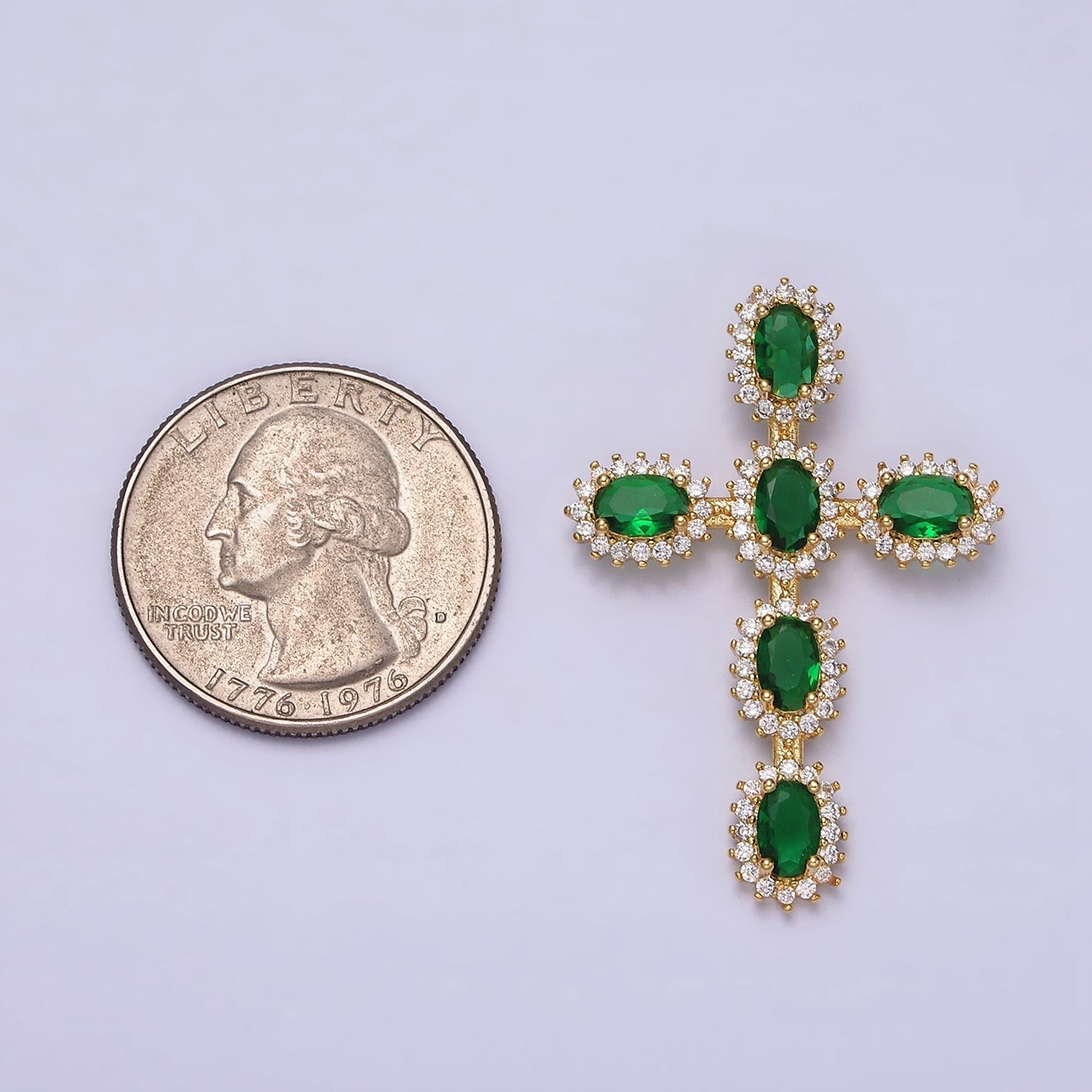 16K Gold plated Emerald Green Oval Religious Cross Pendant in Gold & Silver | AA493 AA494