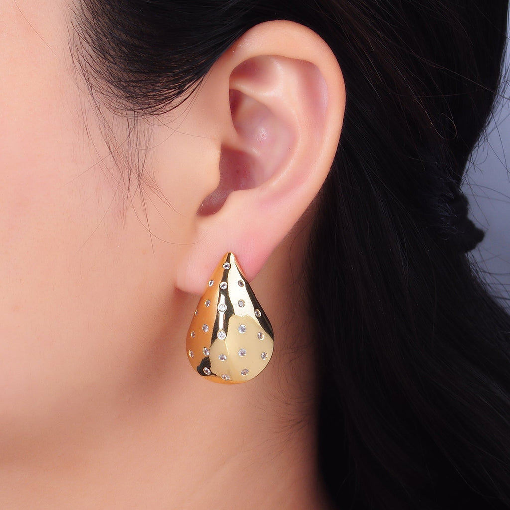 24K Gold plated 30mm CZ Dotted Edged Teardrop Dome Hoop Earrings | AB330
