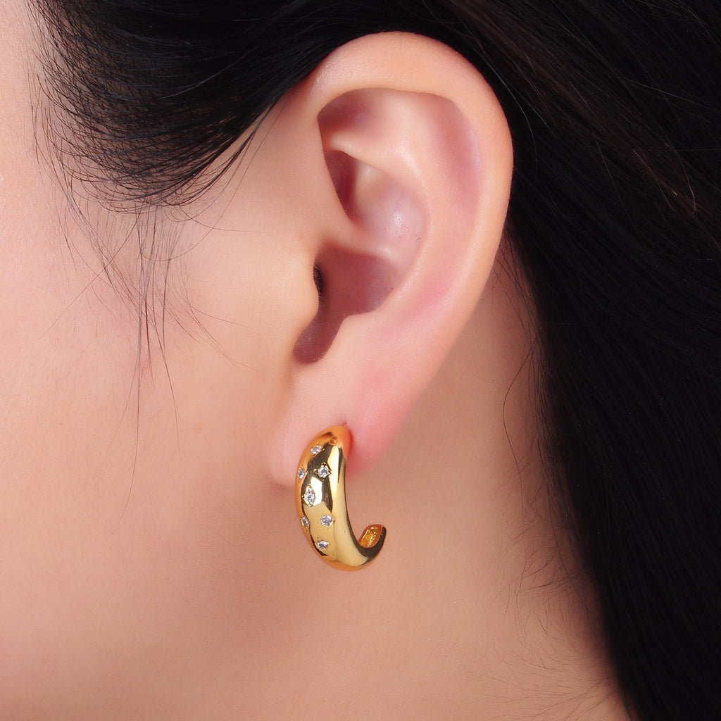 24K Gold plated CZ Celestial Star Dome C-Shaped Hoop Earrings | AB1088