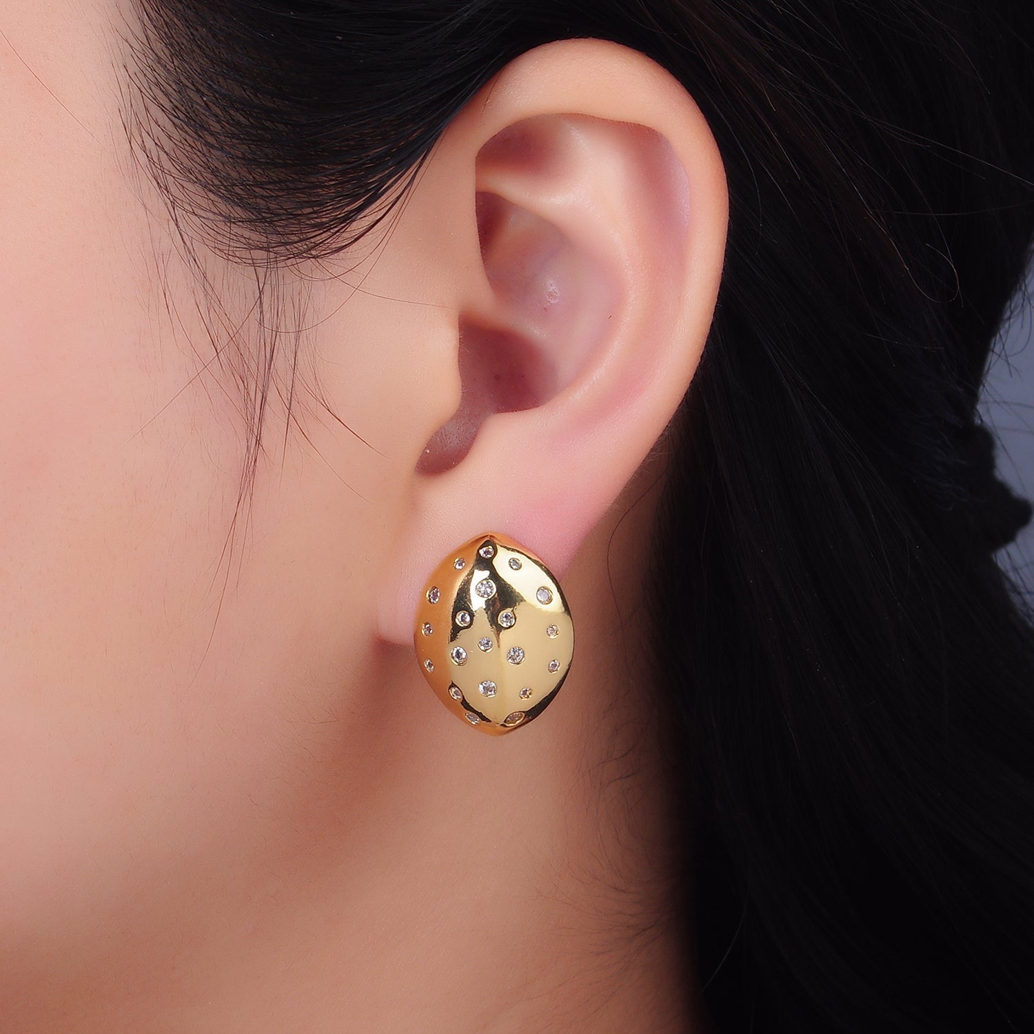 24K Gold plated CZ Dotted Geometric Oval Stud Earrings | AB078
