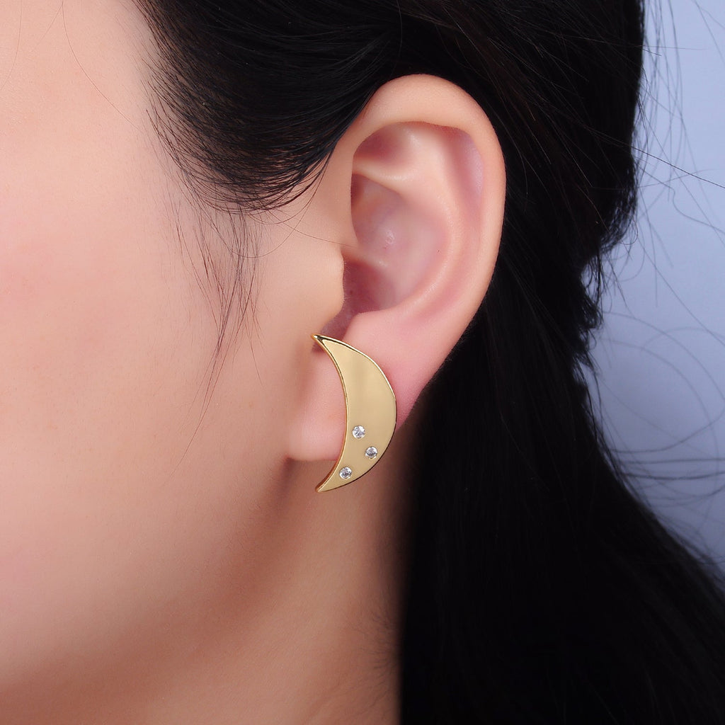 24K Gold plated Clear CZ Celestial Crescent Moon Stud Earrings | AB081