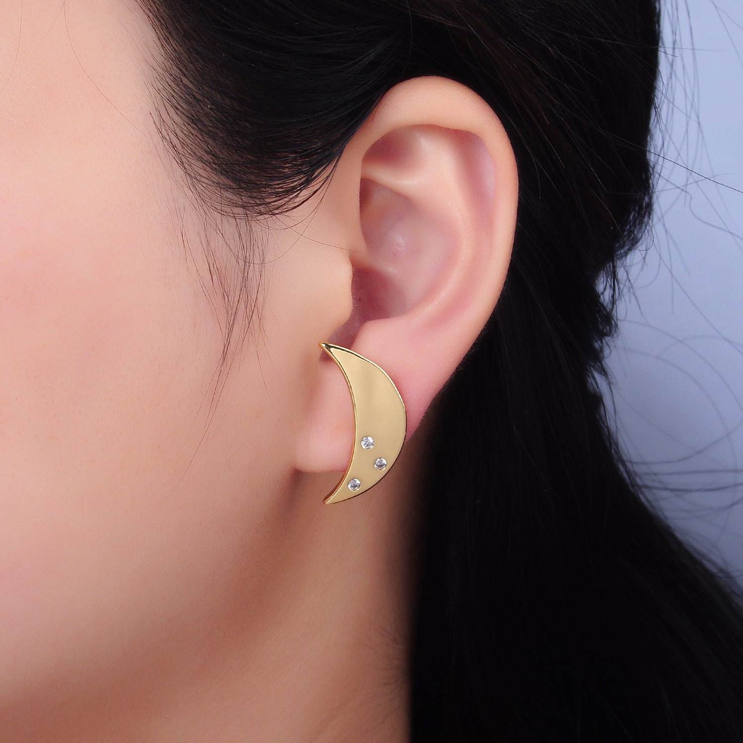 24K Gold plated Clear CZ Celestial Crescent Moon Stud Earrings | AB081