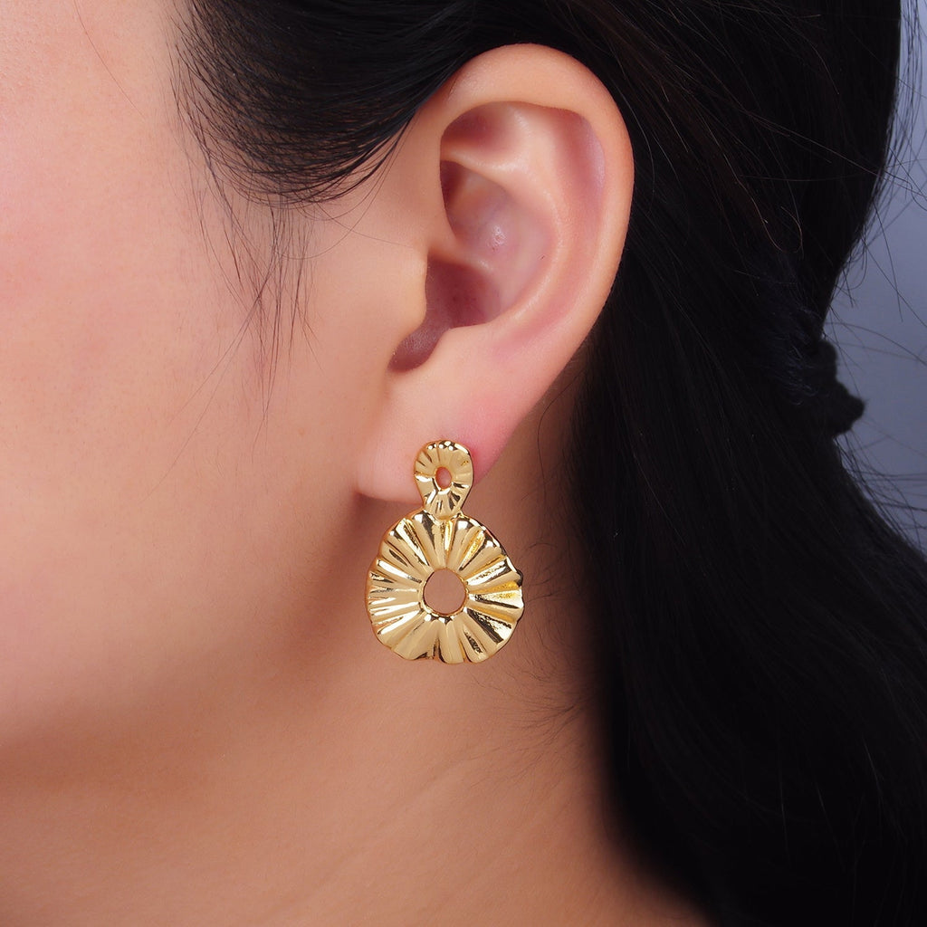 24K Gold plated Double Open Round Sunburst Drop Stud Earrings | AB1029