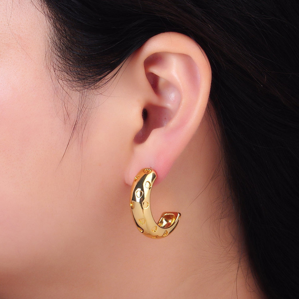 24K Gold plated 30mm Heart C-Shaped Hoop Earrings | AB683