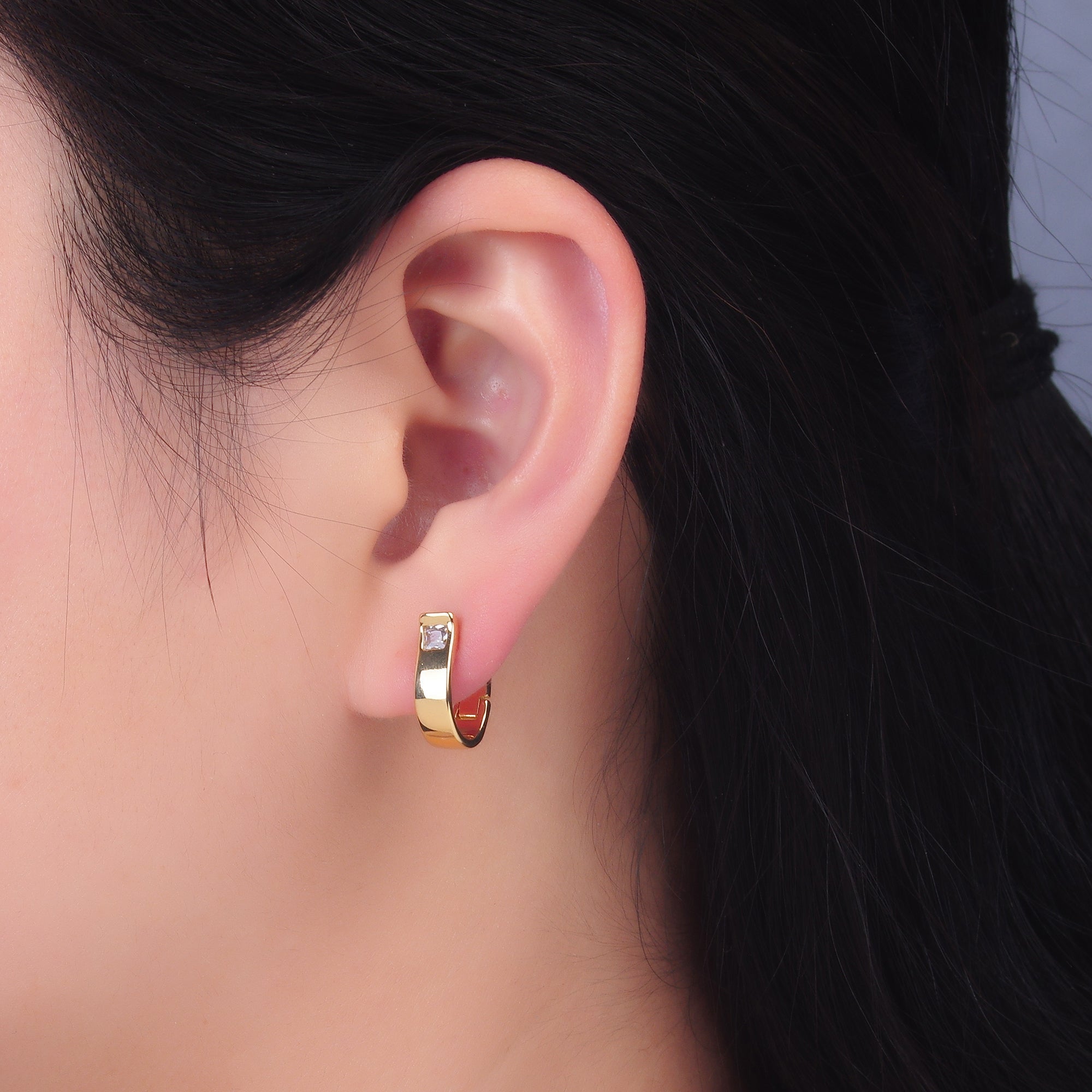 24K Gold plated Clear CZ Square U-Shaped Hoop Earring | AB981