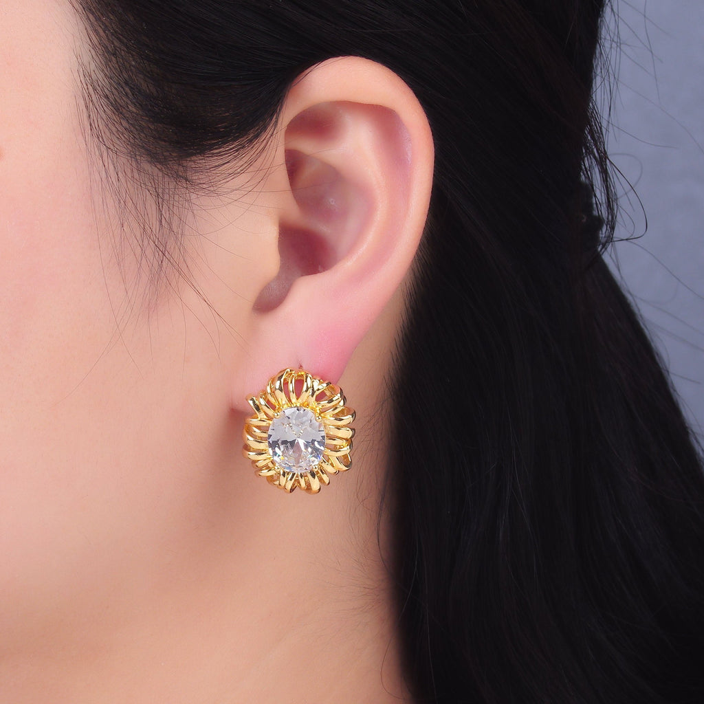 24K Gold plated Clear CZ Celestial Sun Ray Stud Earrings | AB077