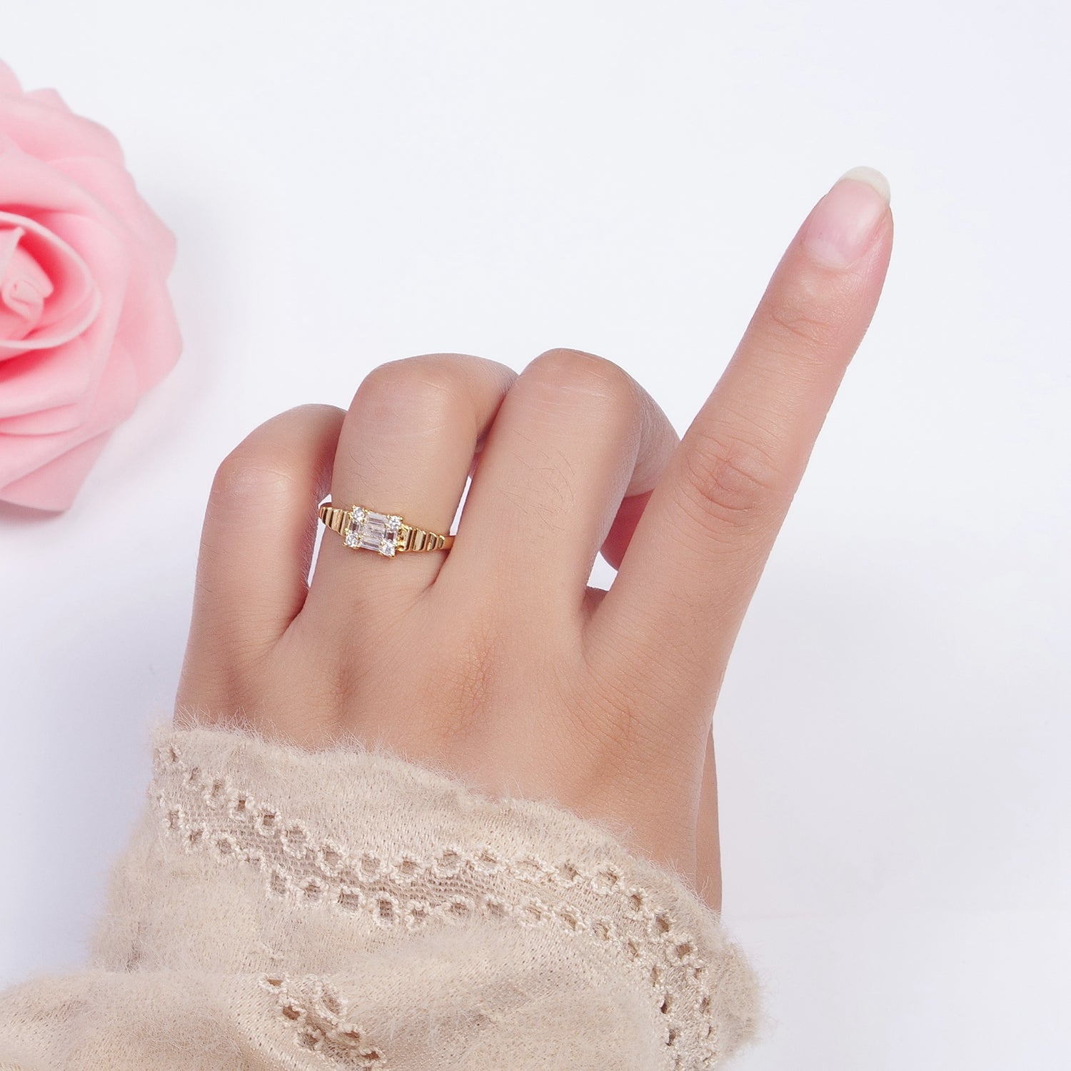 24K Gold plated Square Baguette Cubic Zirconia Bubble Adjustable Gold Ring | X582 - DLUXCA
