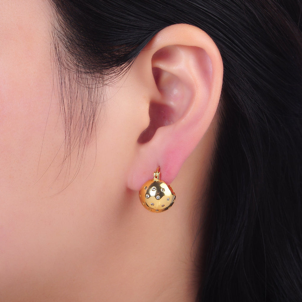 24K Gold plated 15mm CZ Dotted Round Dome Latch Hoop Earrings | AB231