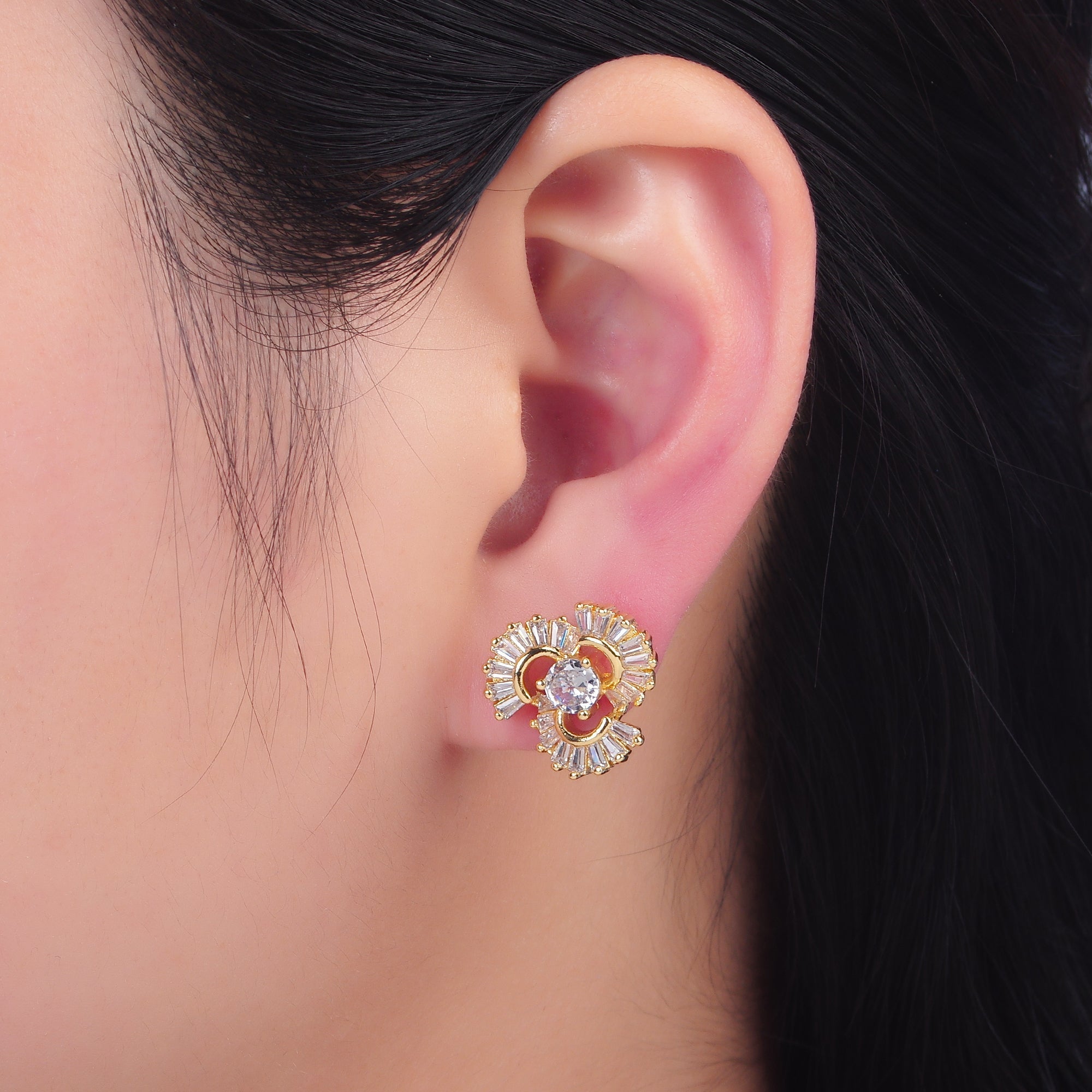 24K Gold plated CZ Round Baguette Circular Geometric Stud Earrings | AB1441