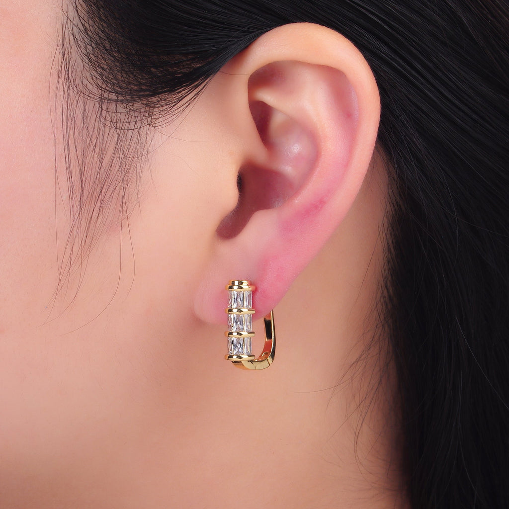 24K Gold plated Clear Baguette CZ English Lock Hoop Earrings | AB1442