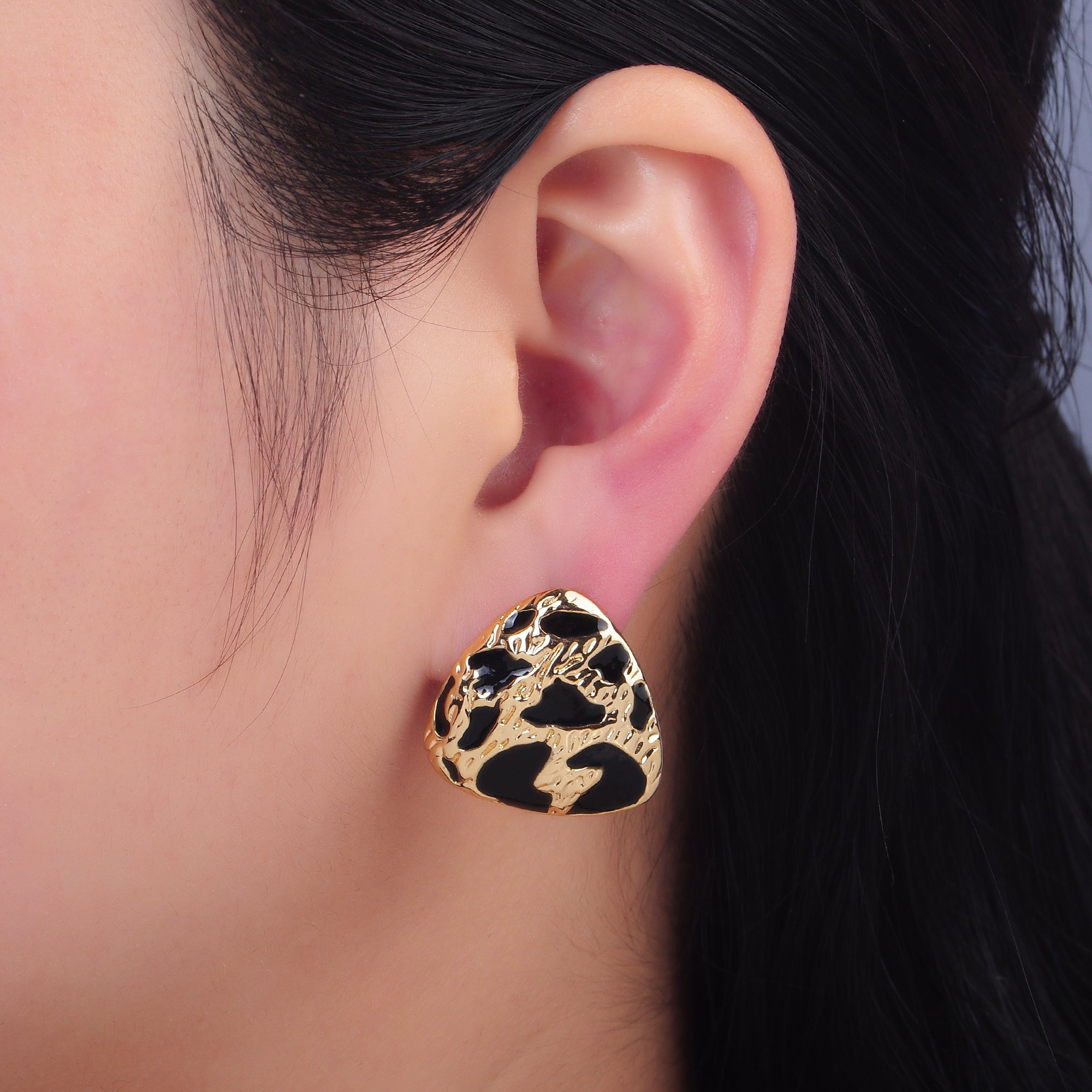 24K Gold plated Black Enamel Cheetah Textured Triangle Stud Earrings in Gold & Silver | AB1420 AB1419