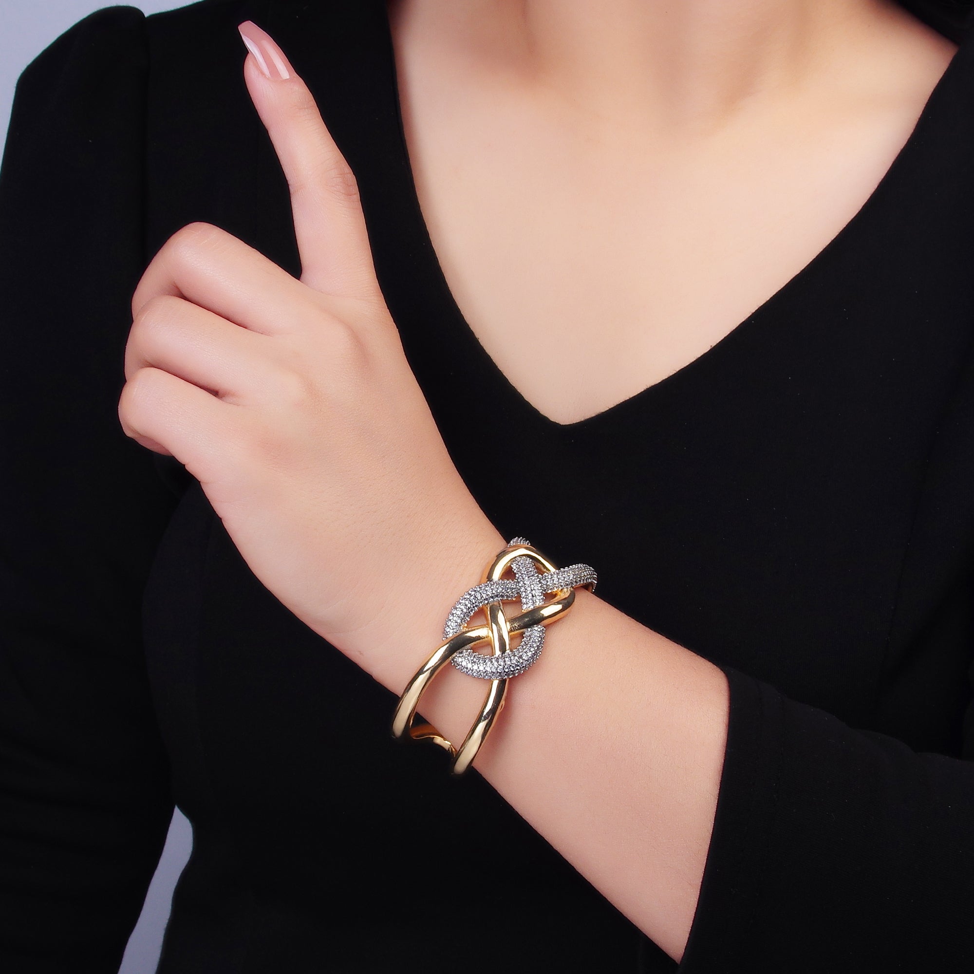 24K Gold plated Micro Paved CZ Mixed Metal Artisan Band Cuff Bracelet | WA-2725