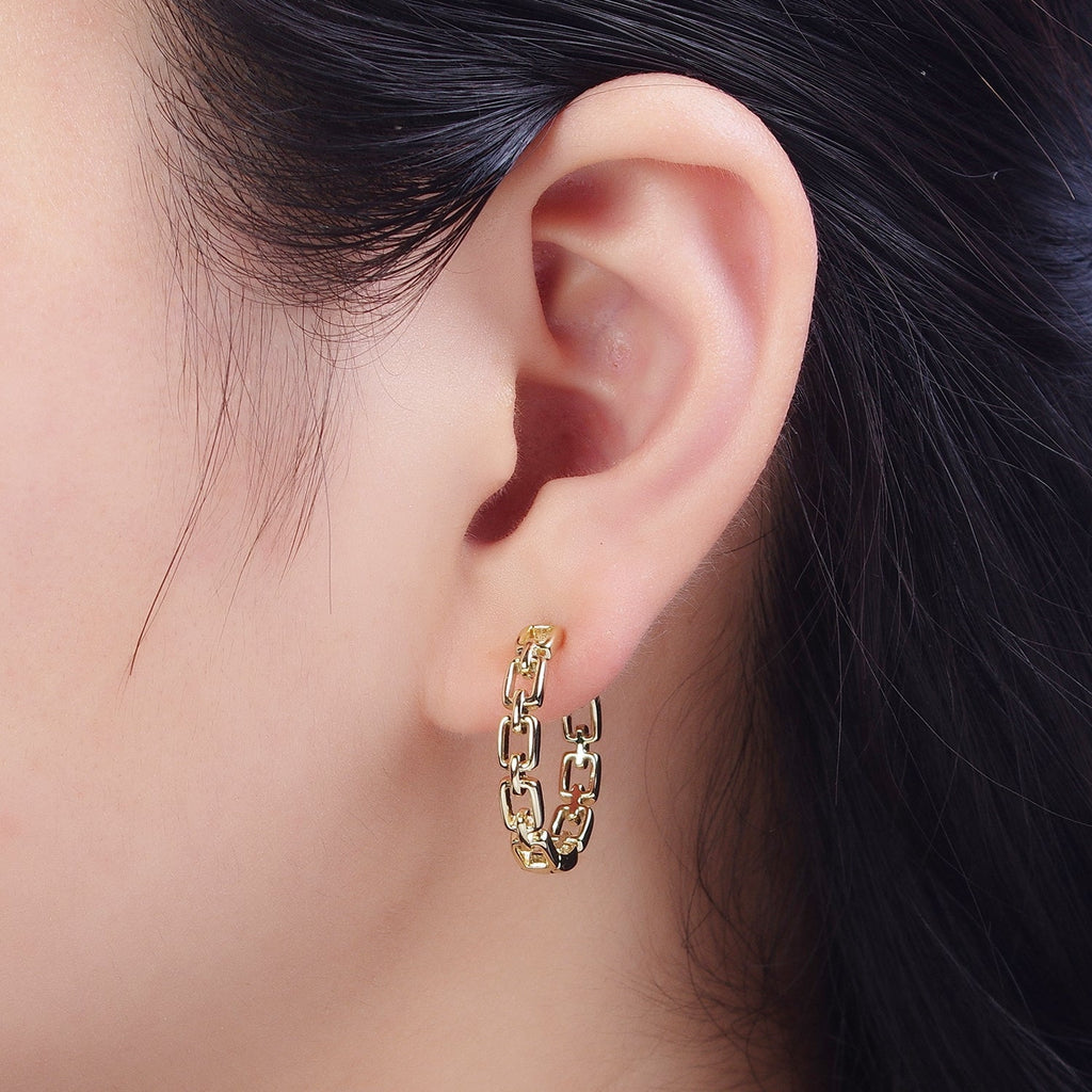 14K Gold plated Boxy Geometric Cable Chain Link Huggie Hoop Earrings | Y013 - DLUXCA