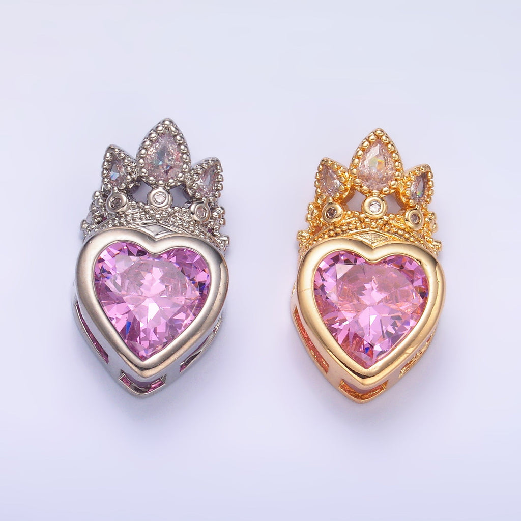 24K Gold plated Pink CZ Heart Crown Pendant in Gold & Silver | AA1441