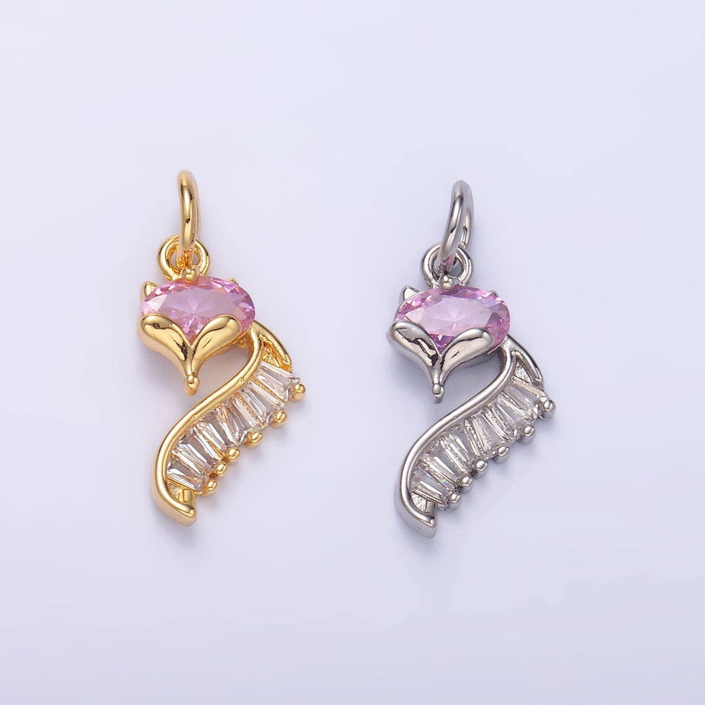 24K Gold plated Pink Baguette CZ Fox Animal Charm in Gold & Silver | M462