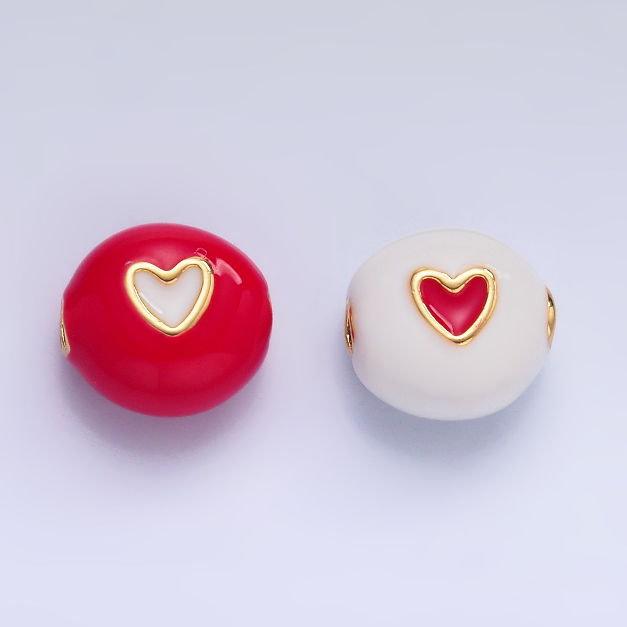 24K Gold plated Heart White, Red Enamel Round Bead | B183