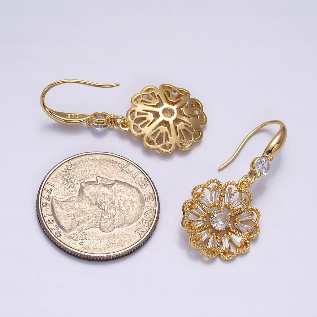 16K Gold plated Open Flower Triangle Baguette Beaded CZ Drop French Hook Earrings in Gold & Silver | AD1548 AD1549 - DLUXCA