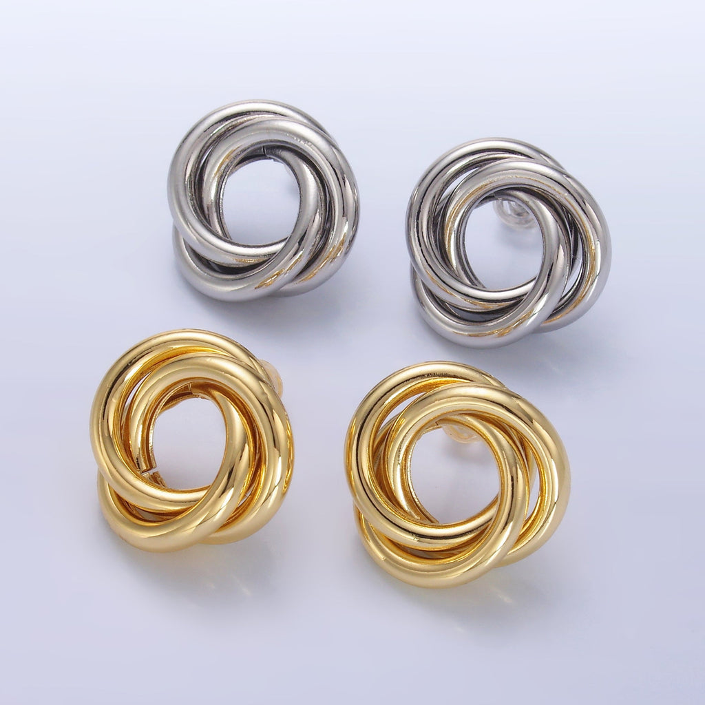 24K Gold plated 20mm Geometric Circular Knot Stud Earrings in Gold & Silver | AB706 AB707