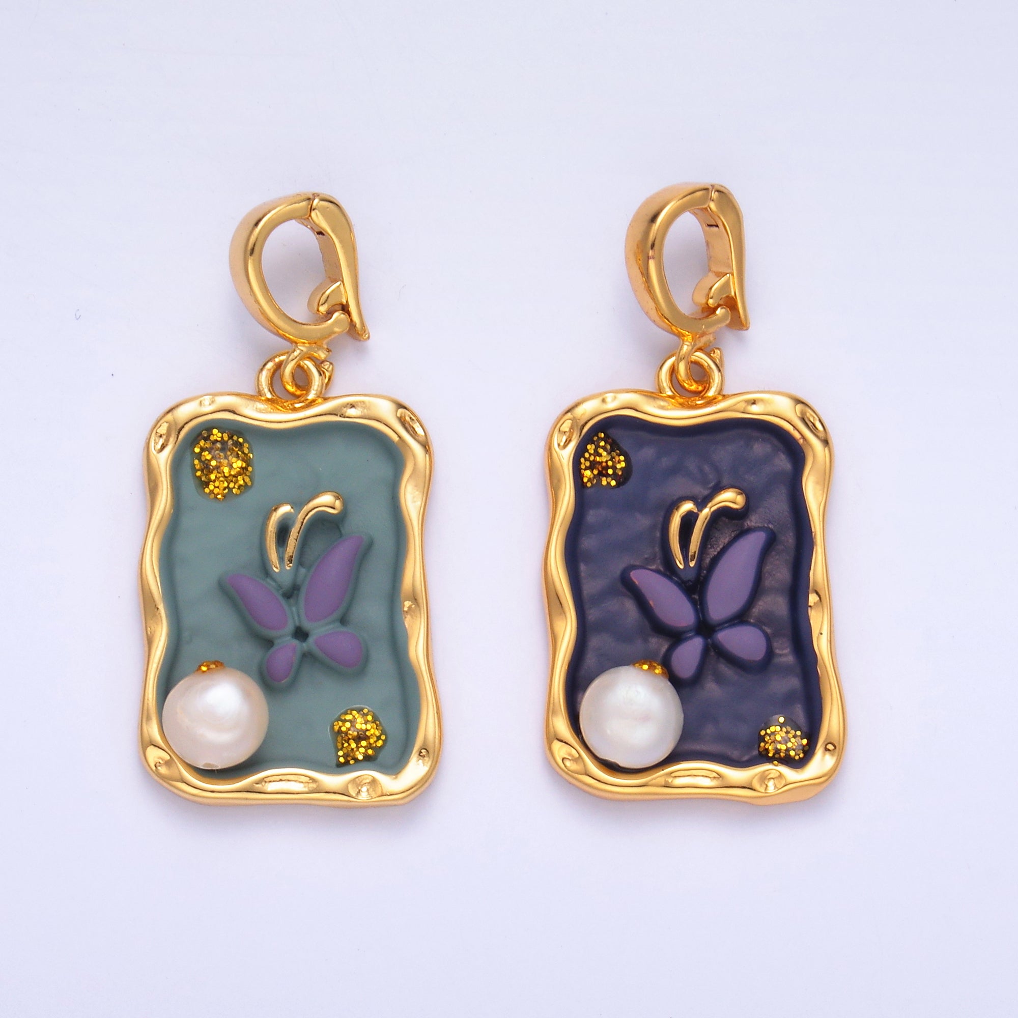 24K Gold plated Purple Blue Enamel Butterfly Charm with Snap Bail Pendant | AA-1464