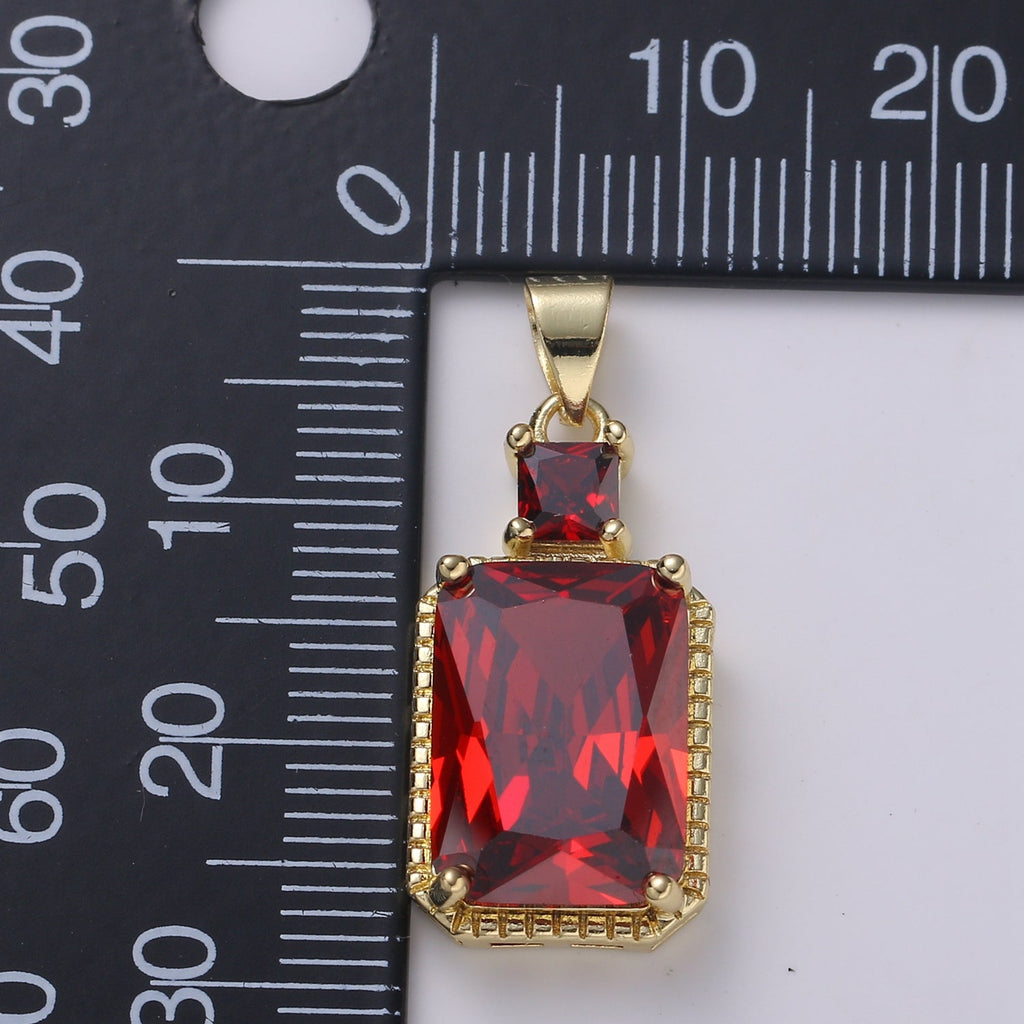 14k Gold plated CZ Cubic Geometric Shape Pendant Blue Pink Lavender Red Emerald Cut Charm Necklace Earring Supply Component 28x12mm H-367 H-368 H-375 H-376